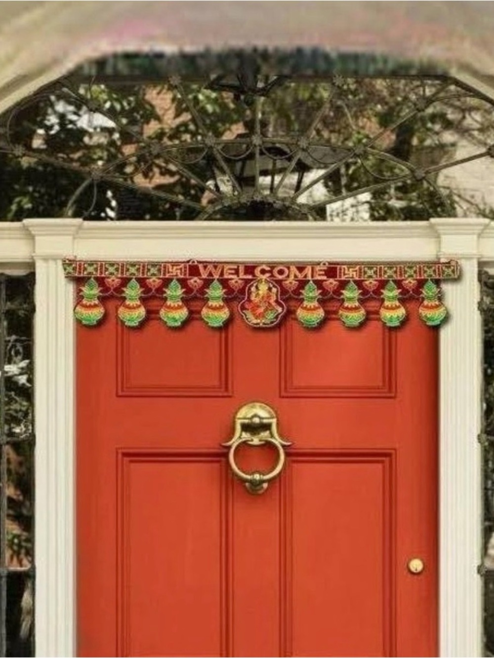Indian Toran Door Hanging Green Print Pom Pom Tassels 36x10 Decor Handmade New